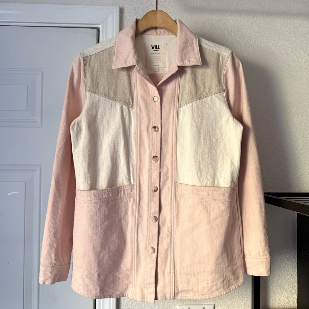SEZANE‎ colorblock pink cream tan white patchwork denim jean button up jacket